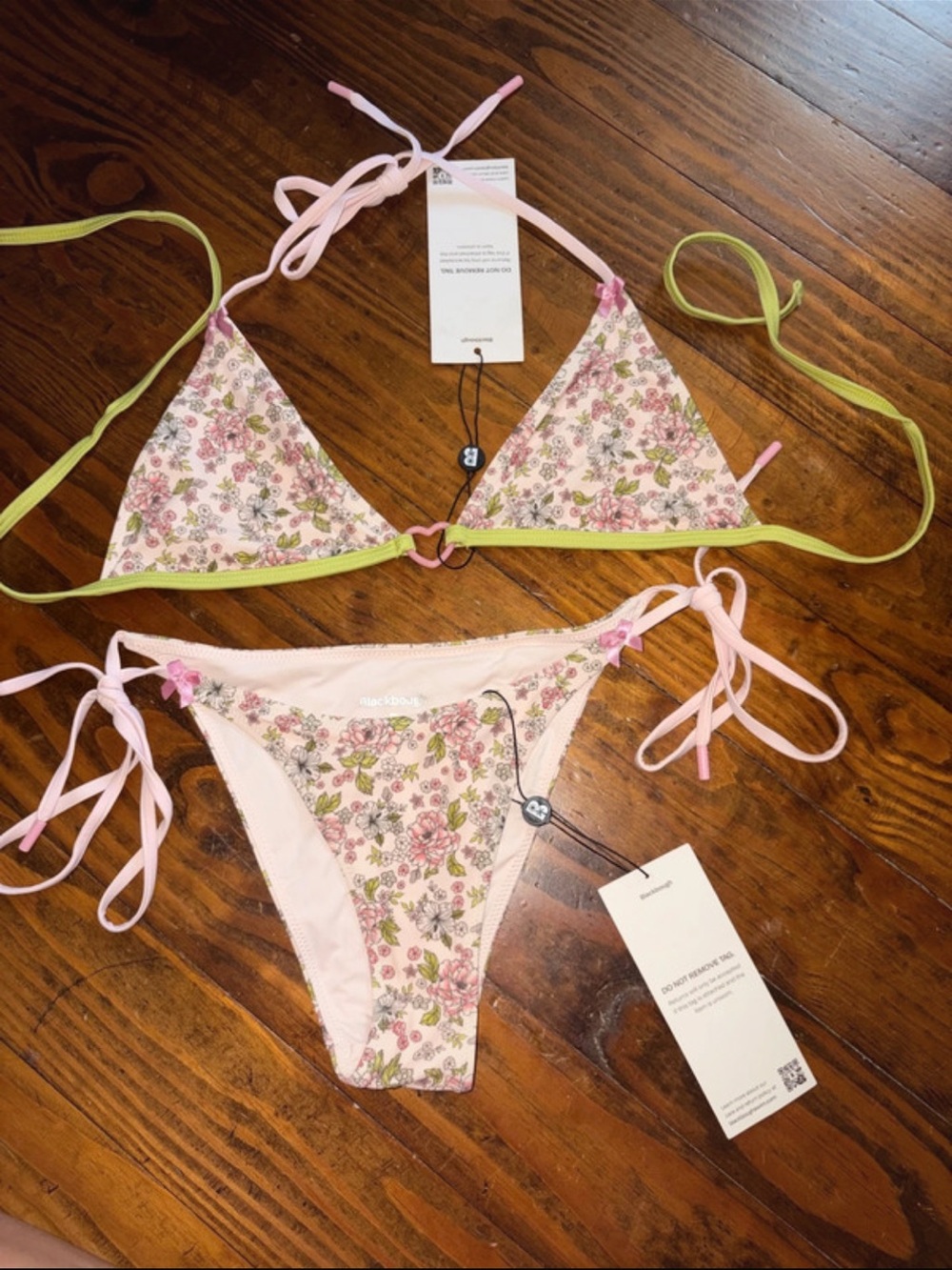 Blackbough Pink Floral Tie-Side Triangle Bikini with Green Trim NWT